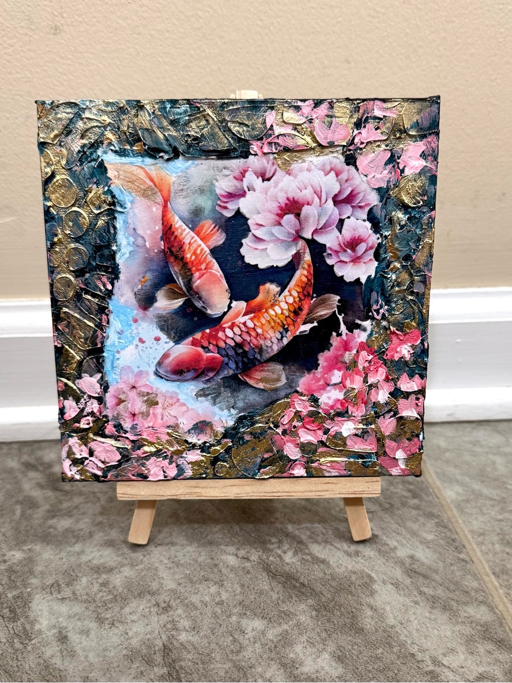 Mixed Media Koi Fish Textured Art On Canvas with Mini Easel Size 6”x6”